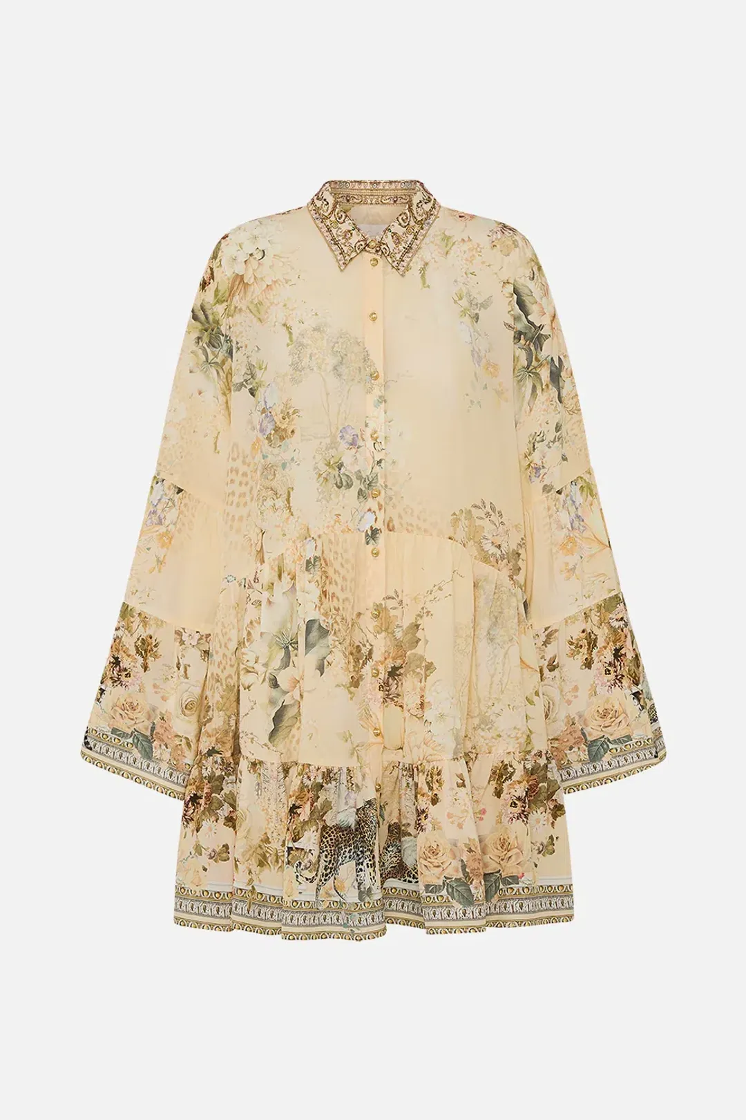 Camilla Tiered Mini Dress With Collar Adorned In Antiquity Size S / AU 10 for rent on The Volte - main image