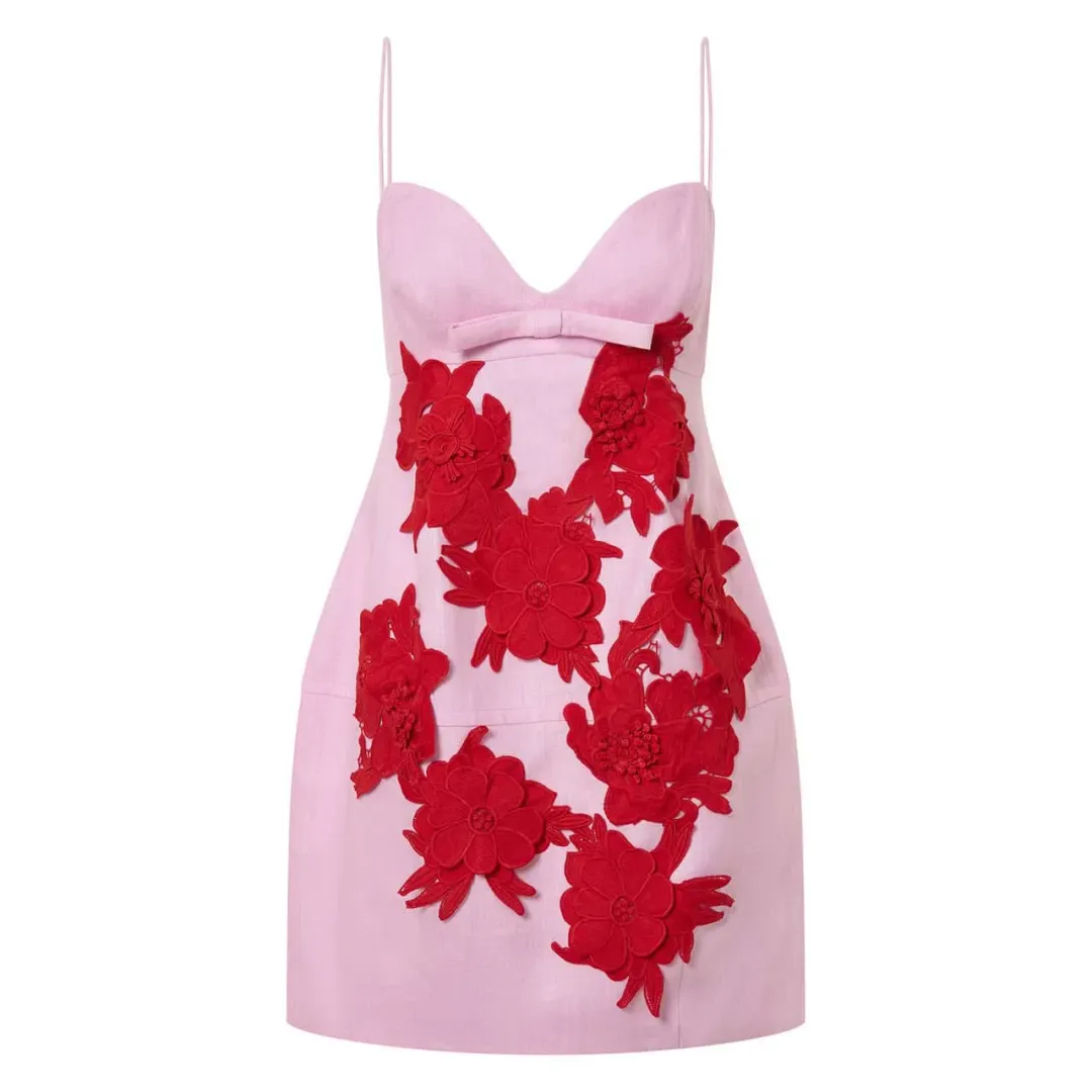 Oroton Contrast 3D Flower Mini Dress Rose Poppy Size 8 for rent on The Volte - main image