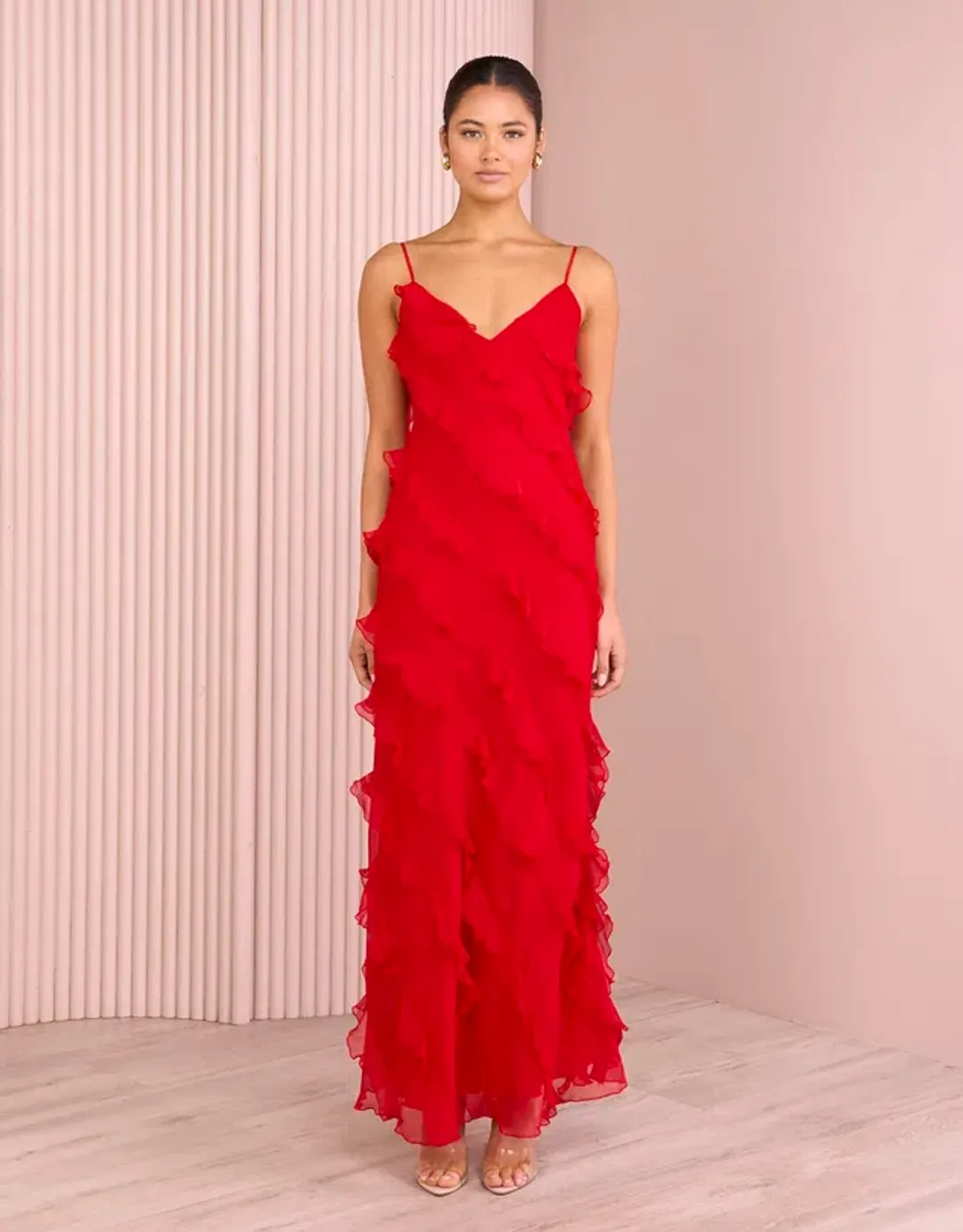 Azzurielle Penelope Ruffle Red Maxi Dress Size 8 for rent on The Volte - main image