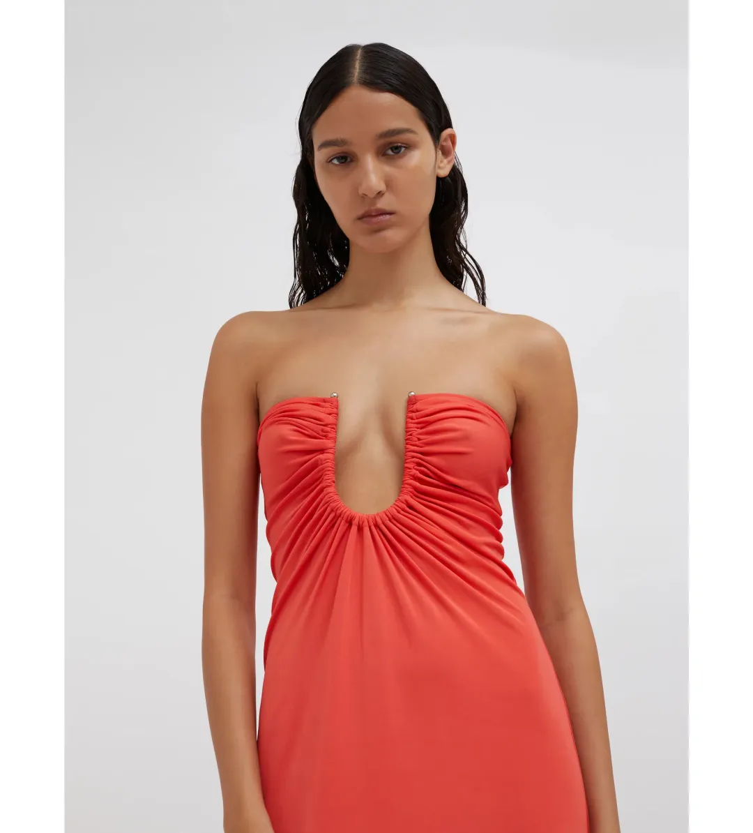 Christopher Esber Arced Palm Strapless Dress Grapefruit Size XS / AU 6 for rent on The Volte - main image
