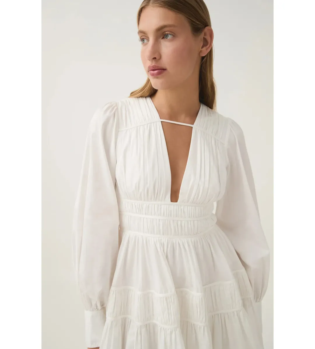 Aje Fallingwater Ruched Mini Dress in Ivory Size AU 14 for rent on The Volte - main image