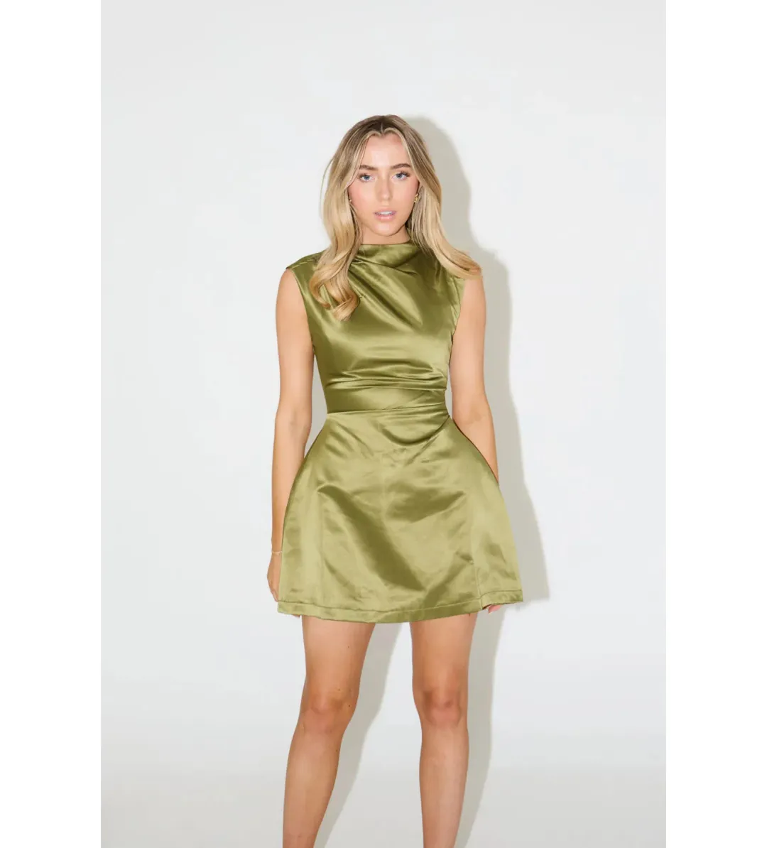 Odd Muse The Ultimate Muse Satin Straight Neck Mini Dress in Olive Size M / AU 10 for rent on The Volte - main image