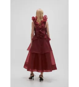 Aje Asra Pleated Frill Midi Dress Mahogany Red Size AU 8 for rent on The Volte - image 4