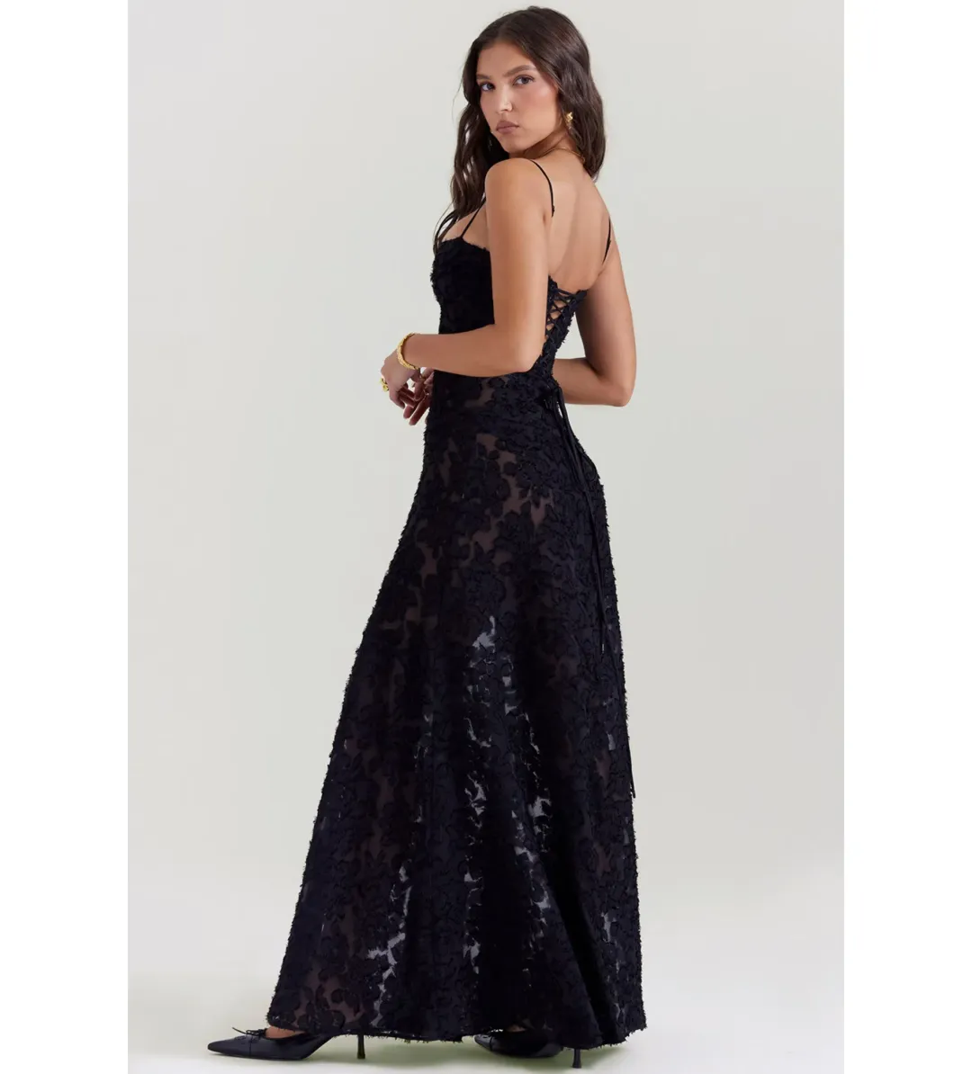 House of CB Seren Floral Lace Back Maxi Dress Black Size XS / AU 6 for rent on The Volte - main image