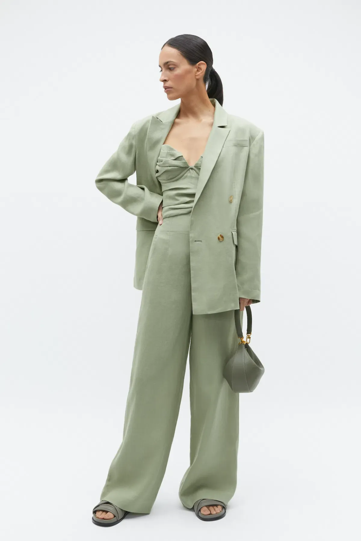 Seed Heritage Linen Balconette Top & Core Linen Waisted Pant Set Pale Olive Green Size 8 for rent on The Volte - main image