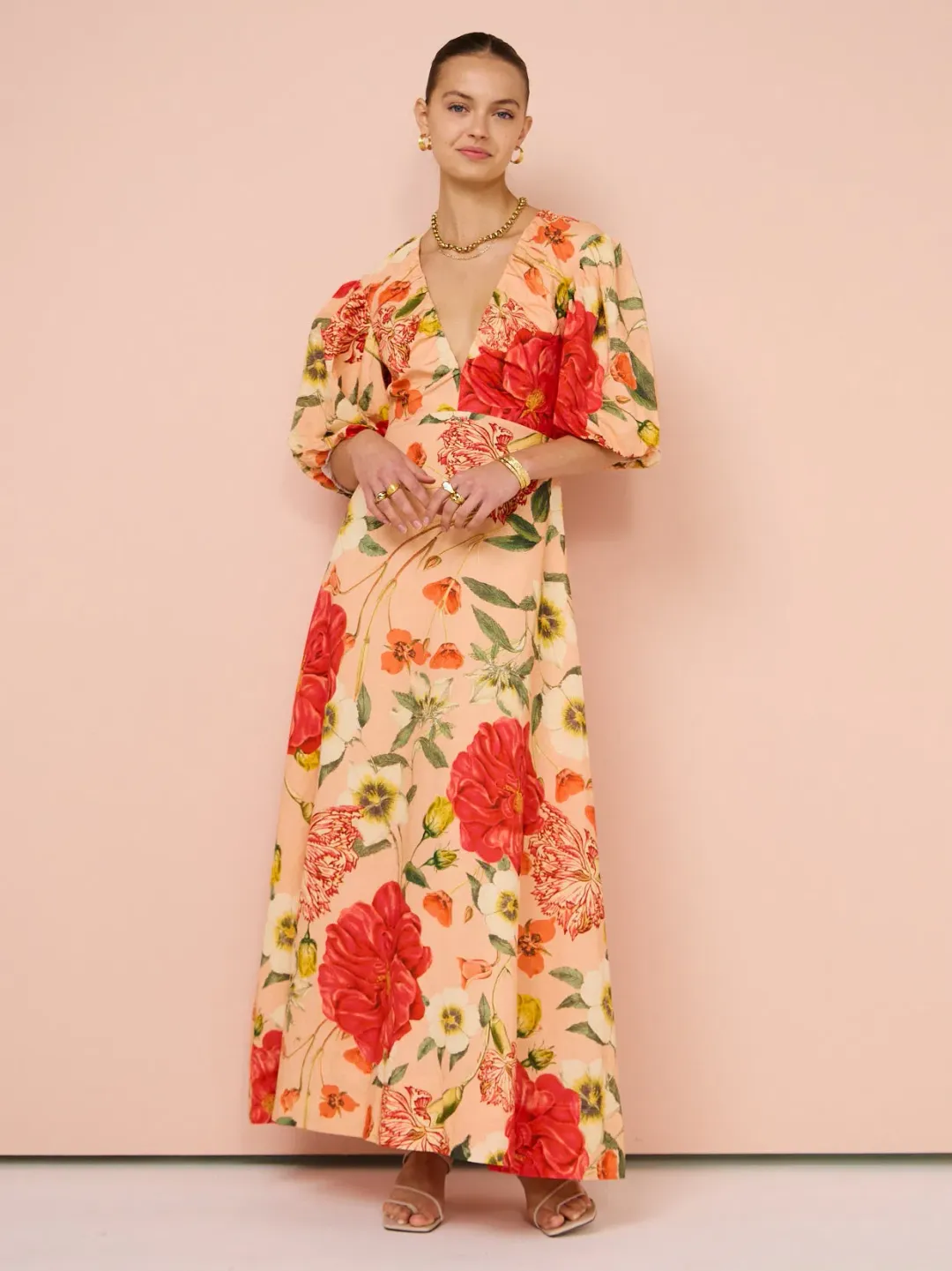By Nicola Bolero Gathered Neckline Maxi Dress in Raspberry Punch Floral Size 8 for rent on The Volte - main image