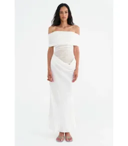 Benni Nico Off Shoulder Maxi Dress in White Size AU 12  for rent on The Volte - image 1