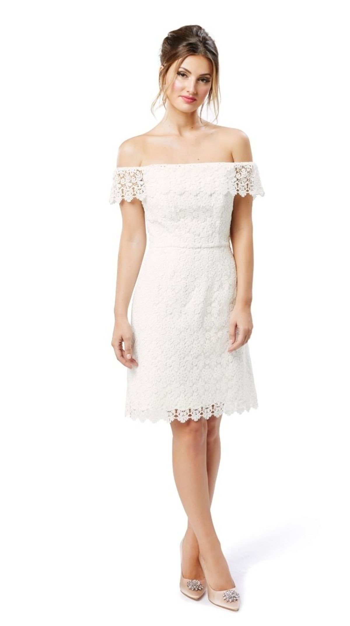 Review Off the Shoulder Lace Dress White Size 10 for rent on The Volte - main image