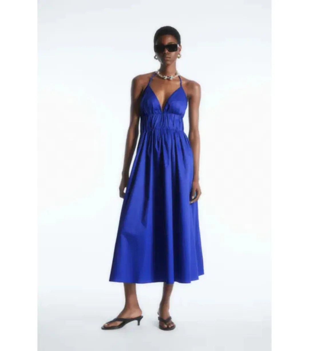 Cos Gathered Halterneck Midi Dress Bright Blue Size AU 10 for rent on The Volte - main image