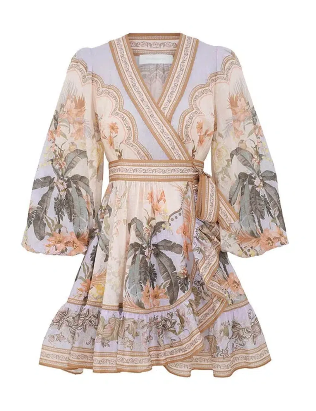 Zimmermann Wylie Mini Wrap Frill Dress in Blue Floral Size 3 / AU 14 for rent on The Volte - main image