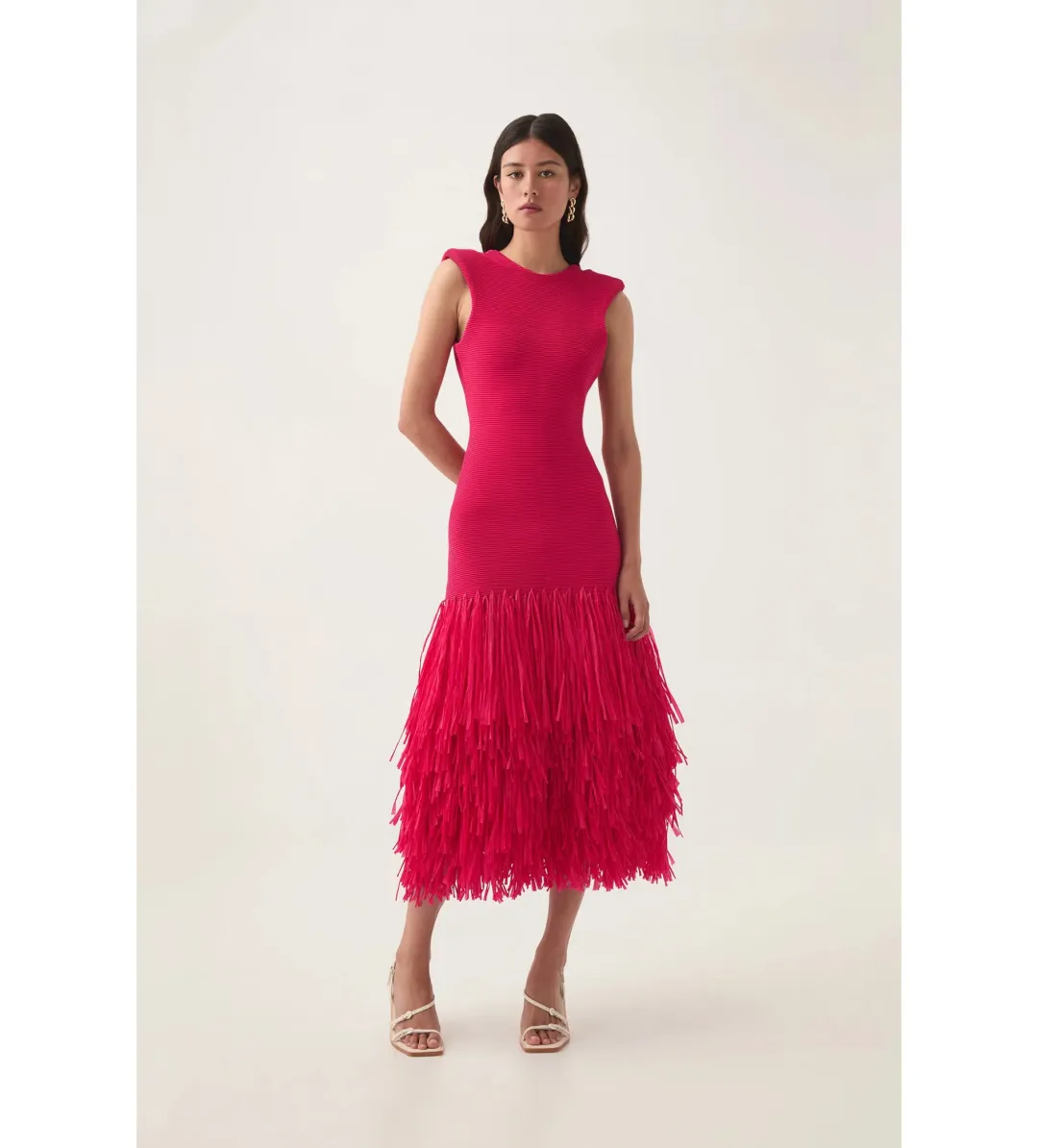 Aje Rushes Raffia Knit Midi Dress Deep Fuschia Size AU 8  for rent on The Volte - main image