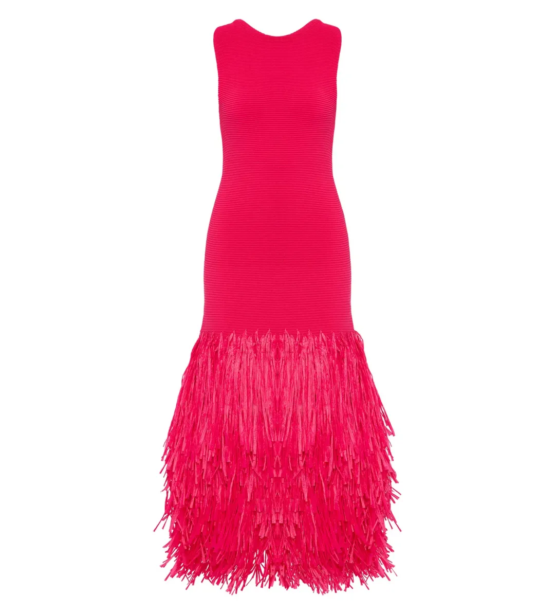 Aje Rushes Raffia Knit Midi Dress Deep Fuschia Size AU 8  for rent on The Volte - main image