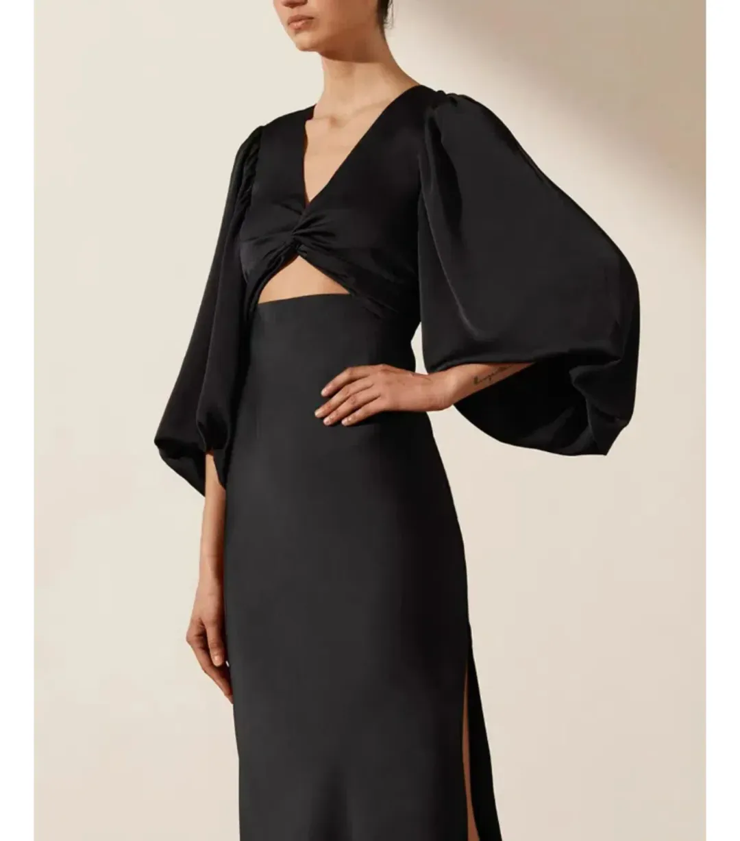 Shona Joy Luxe Twist Front Balloon Sleeve Midi Dress Black Onyx Size AU 18 for rent on The Volte - main image