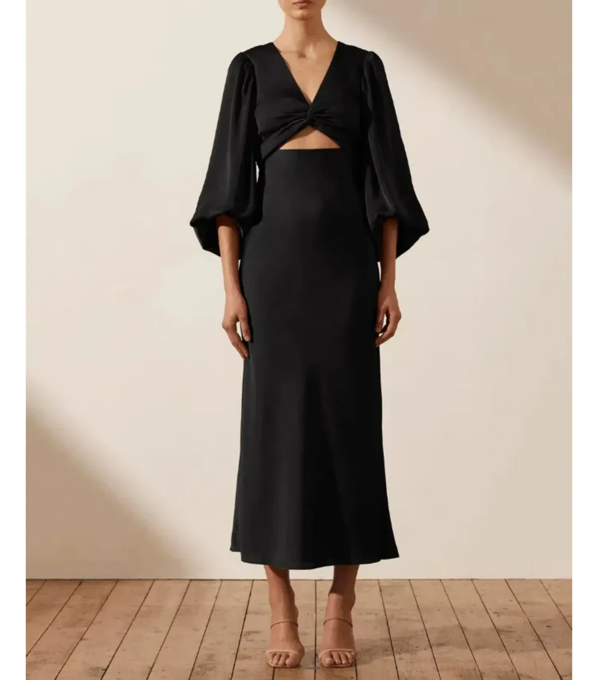 Shona Joy Luxe Twist Front Balloon Sleeve Midi Dress Black Onyx Size AU 18 for rent on The Volte - main image
