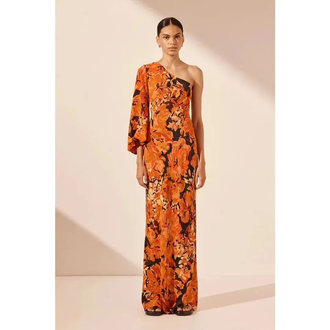 Shona Joy Santos Silk One Shoulder Open Back Maxi Dress Santos Size 8 for rent on The Volte - main image