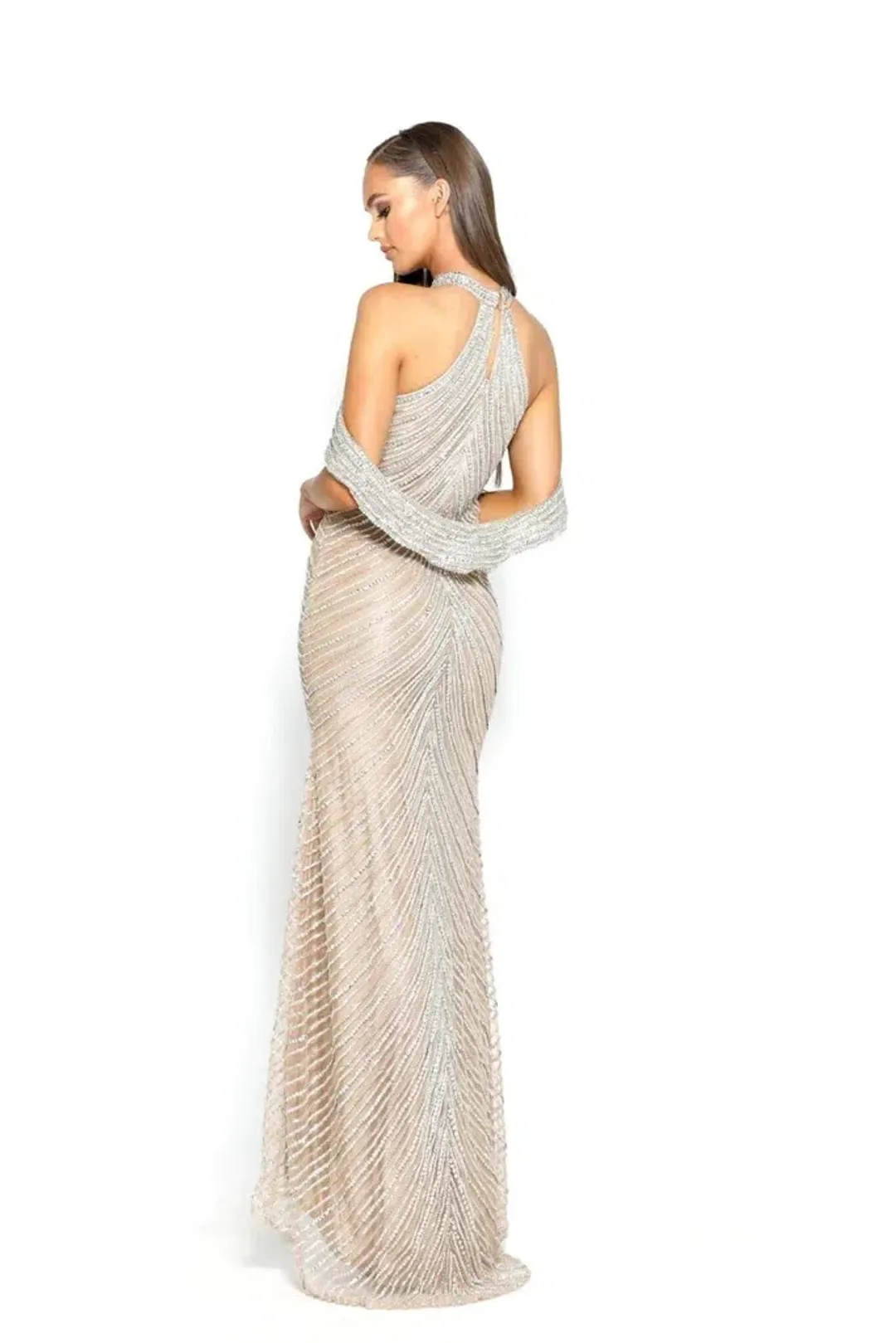 Portia and Scarlett Embellished Halter Gown Silver Nude Size 6 for rent on The Volte - main image