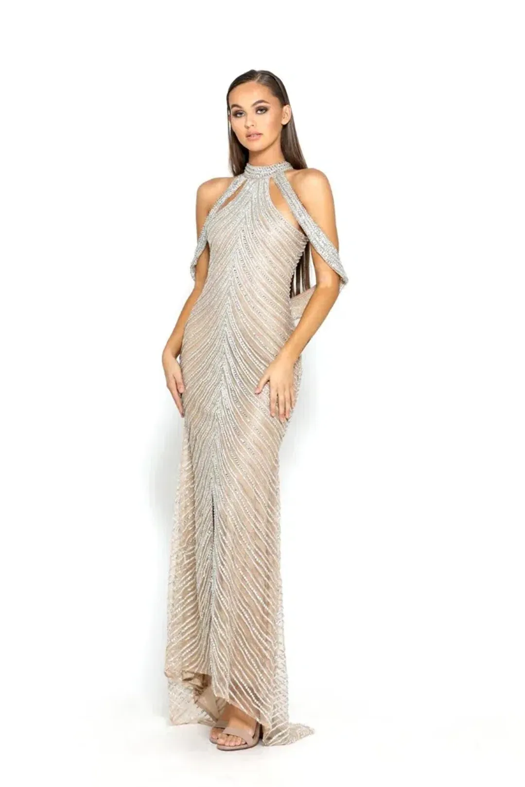 Portia and Scarlett Embellished Halter Gown Silver Nude Size 6 for rent on The Volte - main image