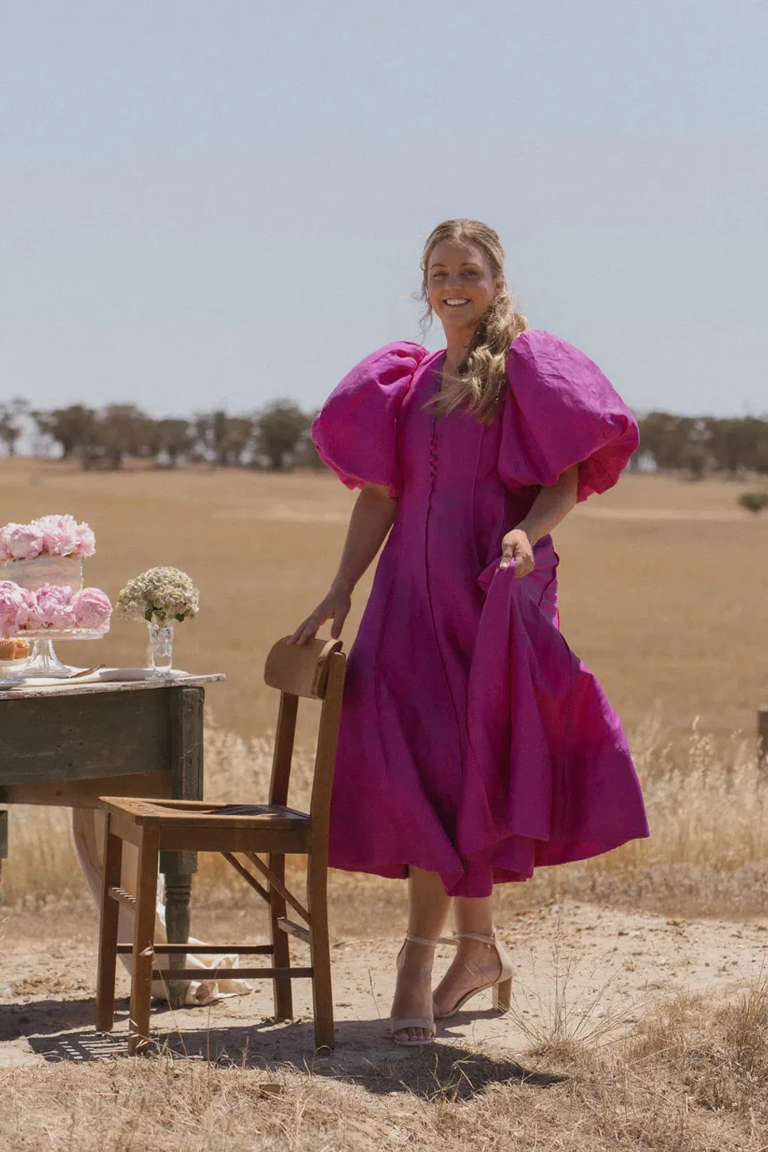 Aje Dusk Puff Sleeve Midi Dress Deep Magenta Size AU 16 for rent on The Volte - main image