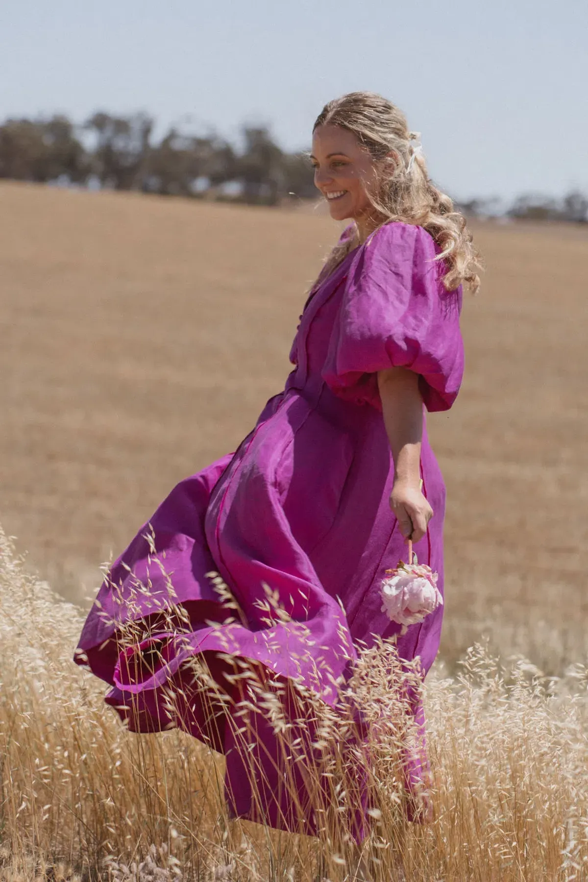 Aje Dusk Puff Sleeve Midi Dress Deep Magenta Size AU 16 for rent on The Volte - main image