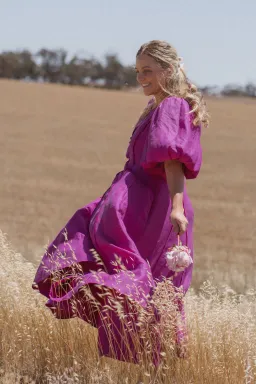 Aje Dusk Puff Sleeve Midi Dress Deep Magenta Size AU 16 for rent on The Volte - image 1