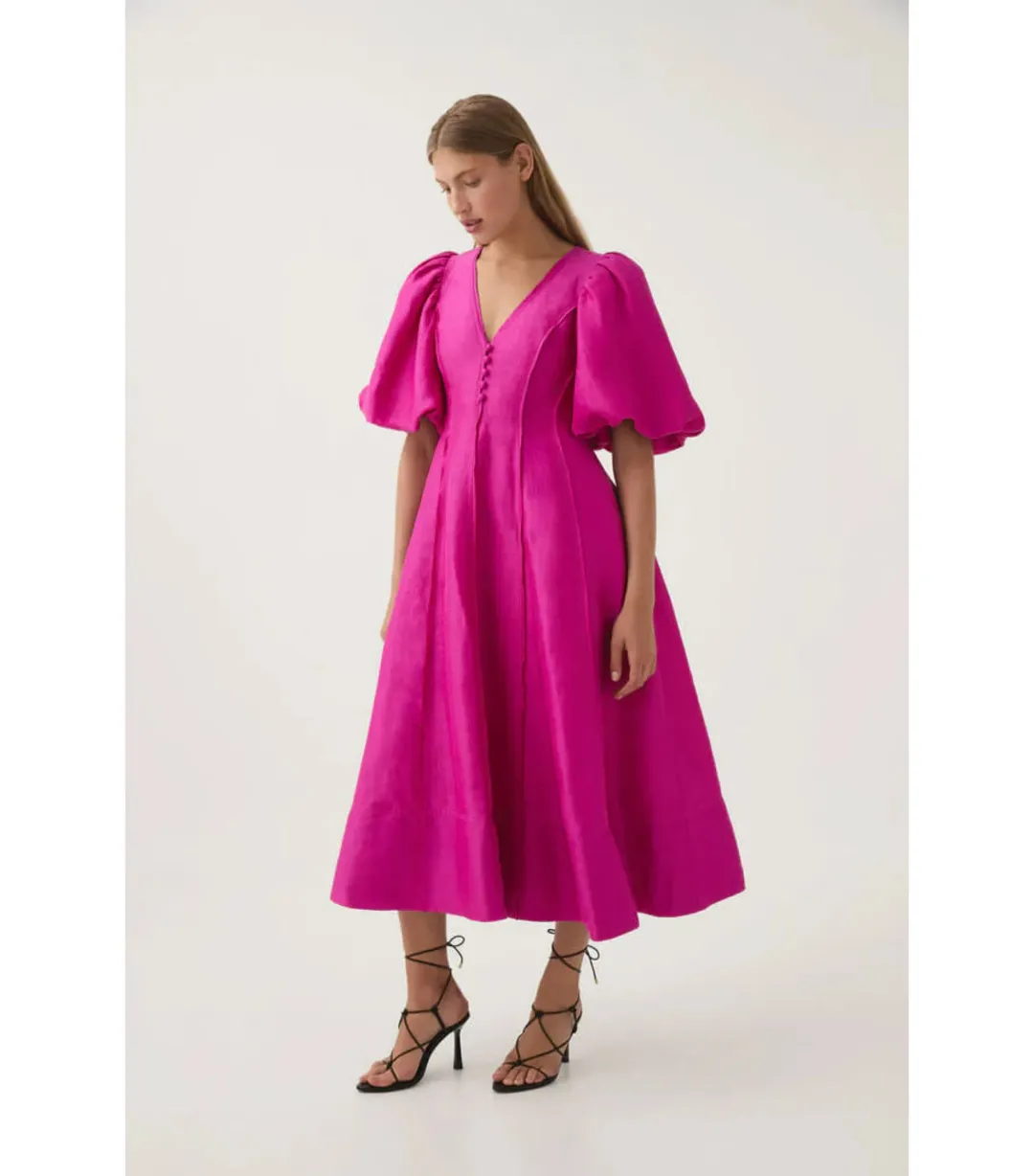 Aje Dusk Puff Sleeve Midi Dress Deep Magenta Size AU 16 for rent on The Volte - main image