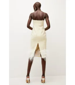 Karen Millen Tweed Chain Strap Feather Hem Midi Dress Yellow Size AU 10 for rent on The Volte - image 3
