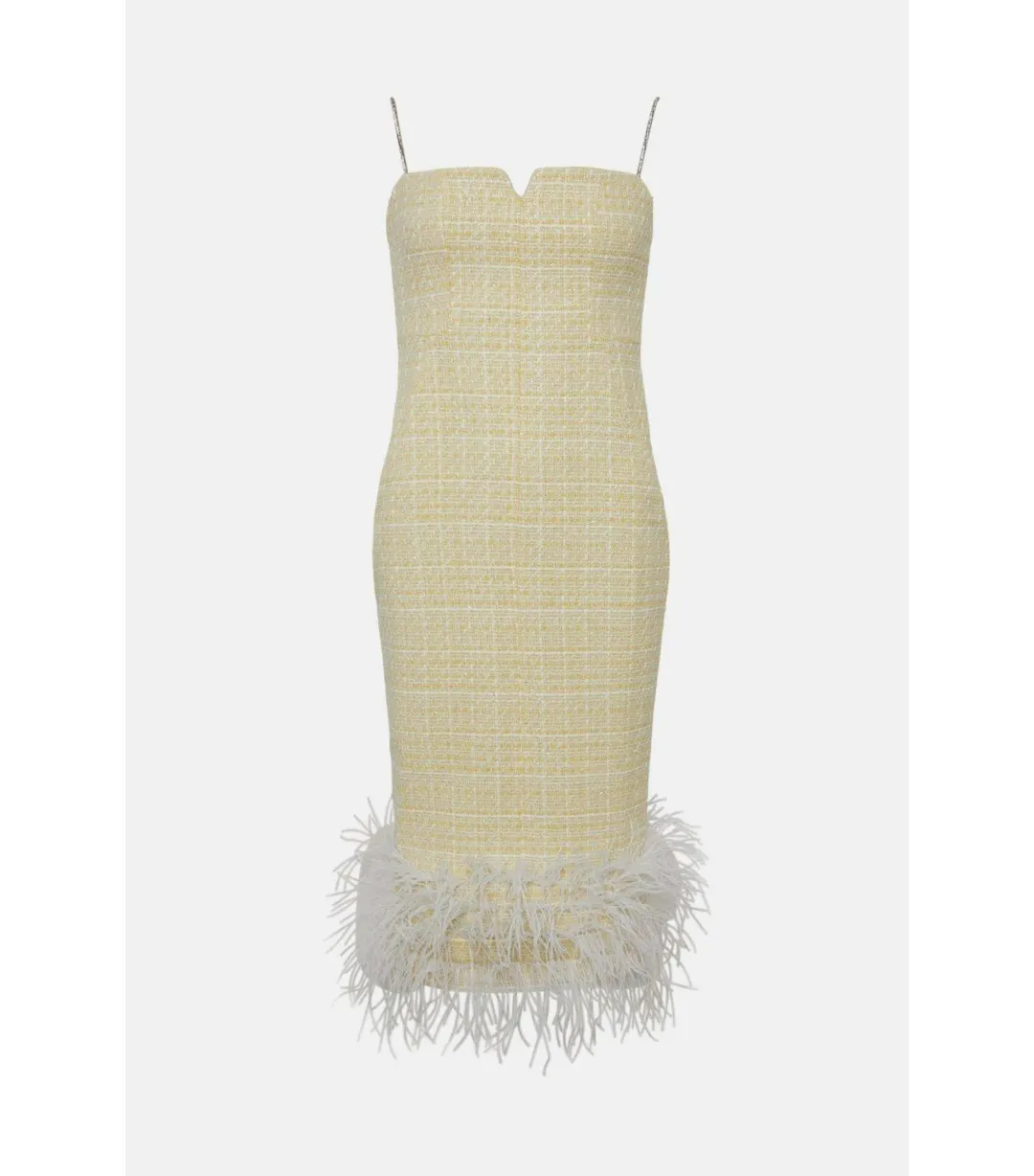 Karen Millen Tweed Chain Strap Feather Hem Midi Dress Yellow Size AU 10 for rent on The Volte - main image