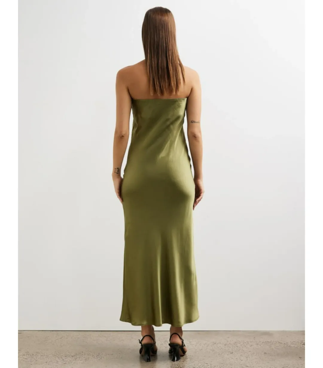 Minima Esenciales Koha Organic Silk Satin Column Dress Olive Branch Size AU 8 for rent on The Volte - main image
