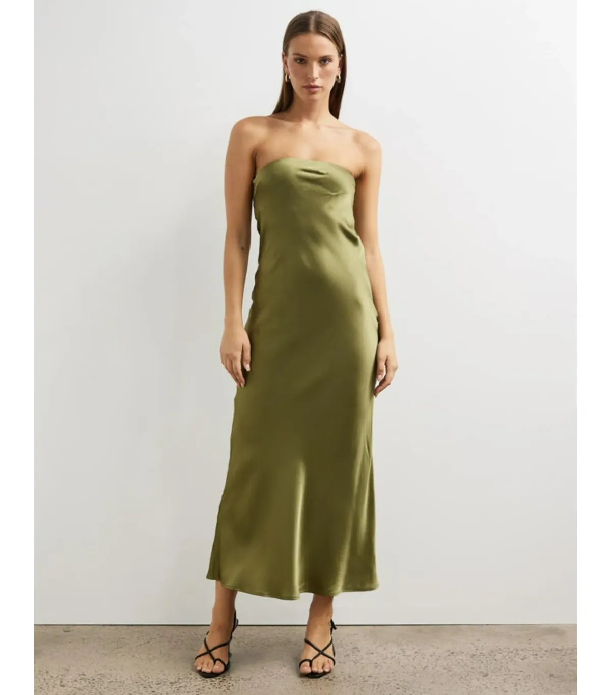Minima Esenciales Koha Organic Silk Satin Column Dress Olive Branch Size AU 8 for rent on The Volte - main image