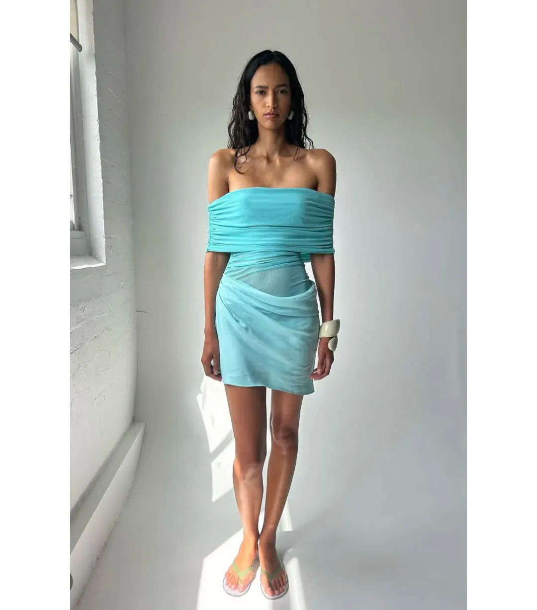 Benni Nico Off Shoulder Mini Dress In Aquamarine Size AU 8 for rent on The Volte - main image