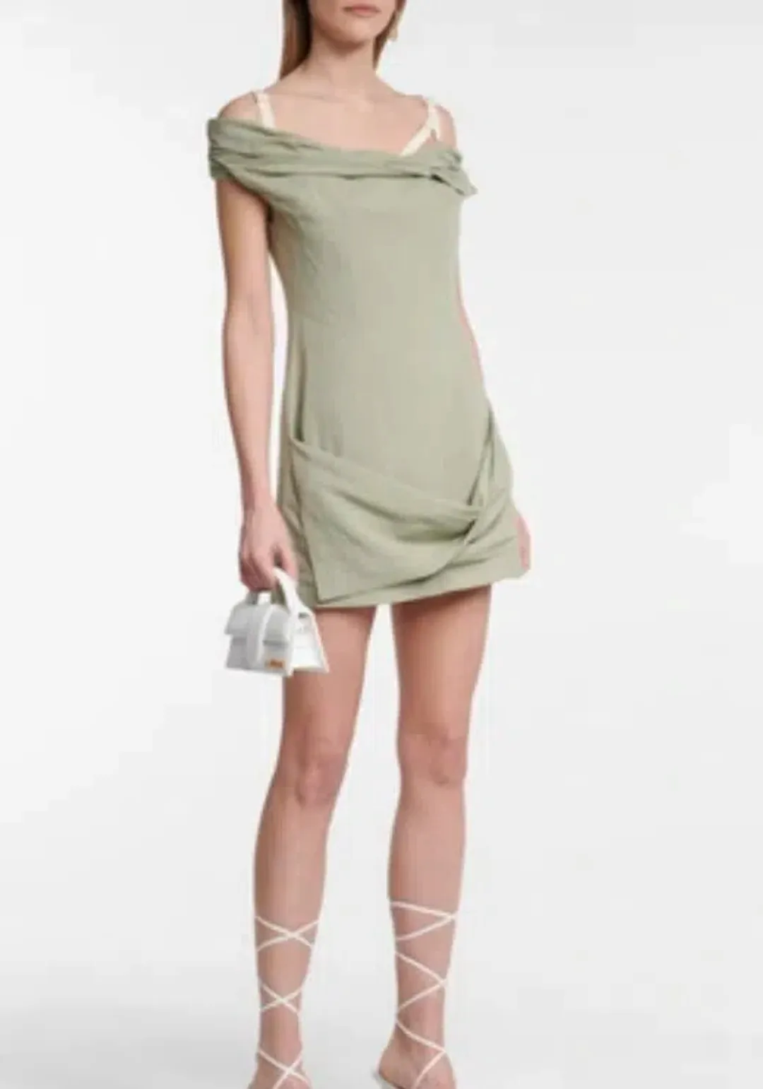 Jacquemus Foglio Off-the-shoulder Gathered Linen-blend Mini Dress In Green - size 38 for rent on The Volte - main image