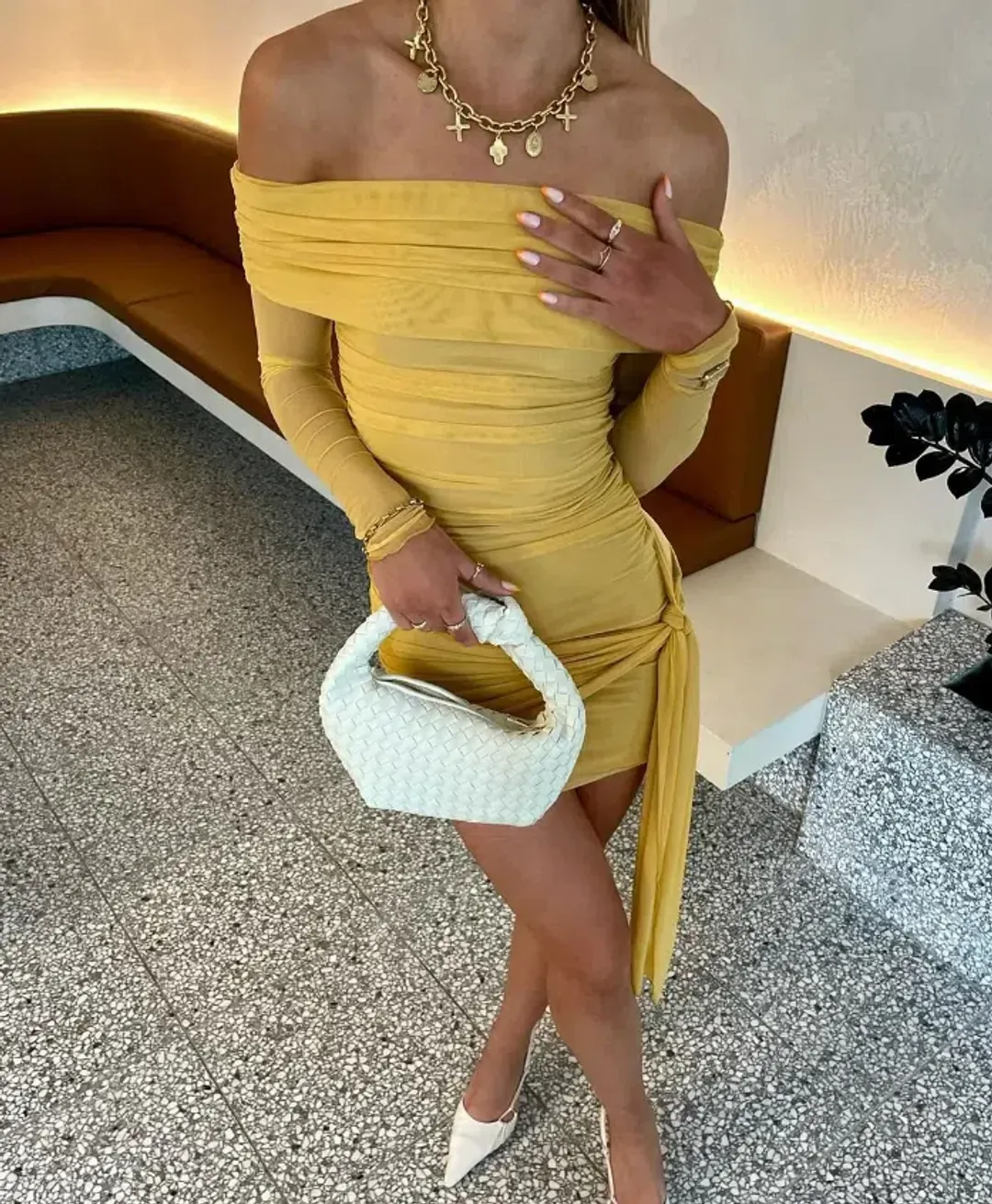 Benni Yasmin Off the Shoulder Mini Dress Mustard Size 8 for rent on The Volte - main image