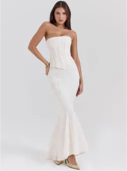 House of CB Dakota Embroidered Strapless Corset and Veronica Embroidered Godet Maxi Skirt Set Vintage Ivory Size M / AU 10 for rent on The Volte - image 1