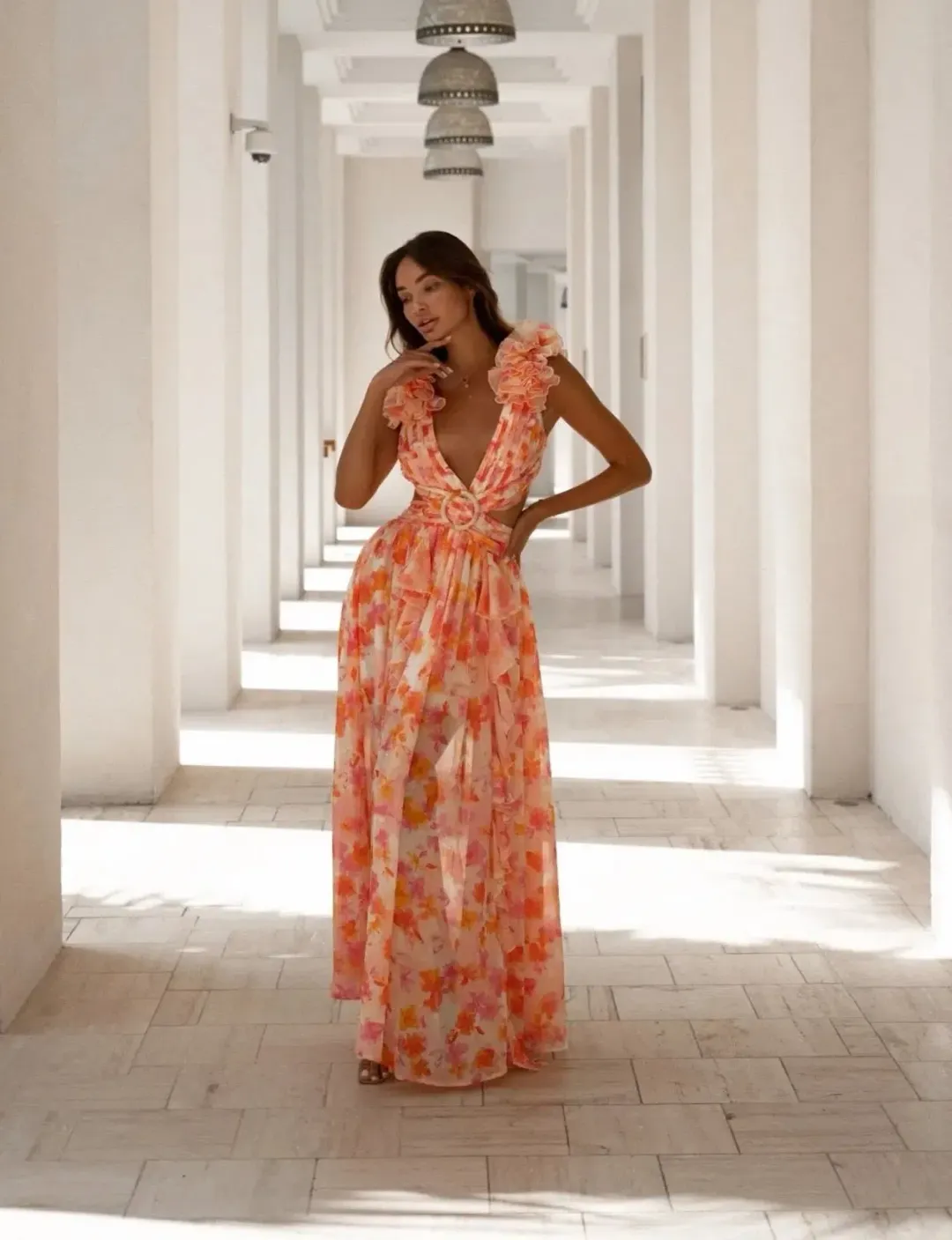Anne Louise Boutique Clementine Maxi Dress Orange Fuchsia Floral Size 12 for rent on The Volte - main image