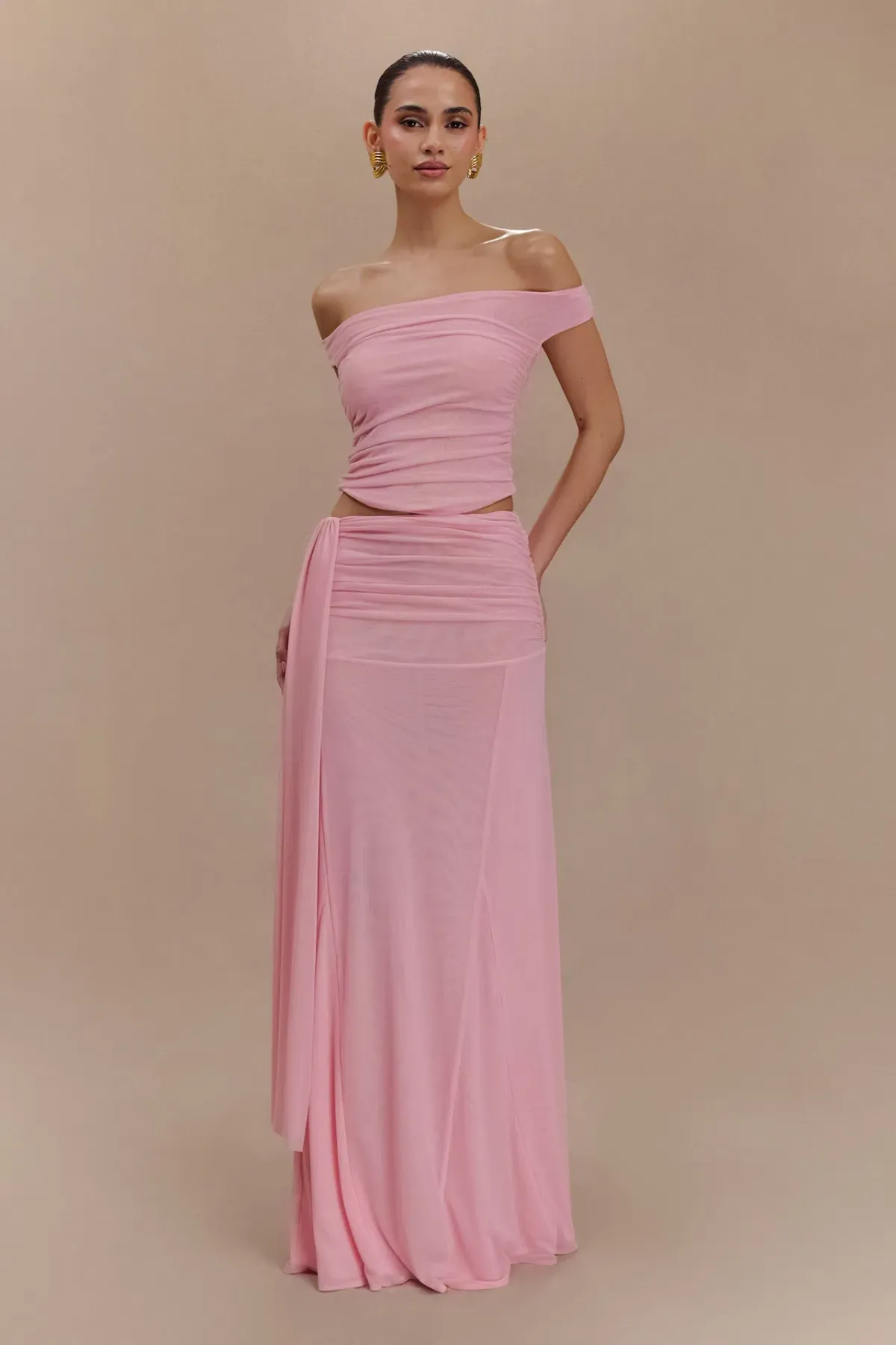 Meshki Brooklyn Mesh Crop Top and Arna Mesh Maxi Skirt Set Candy Pink Size 8 for rent on The Volte - main image