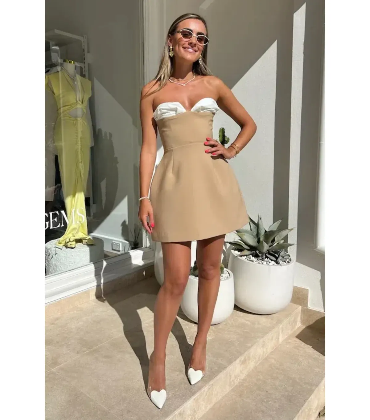 Odd Muse The Ultimate Muse Exclusive Bardot Mini Dress Camel Size AU 12 for rent on The Volte - main image