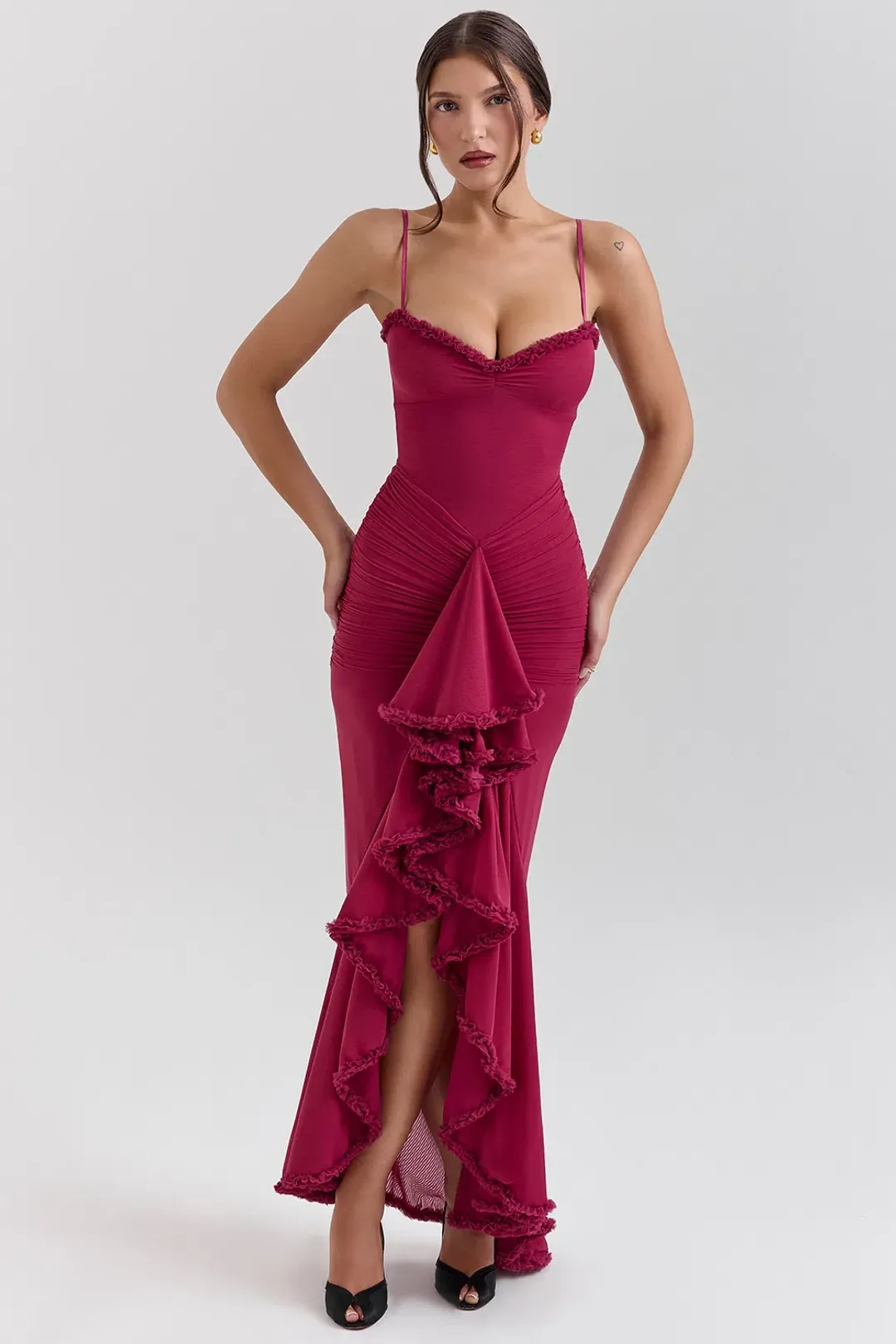 House of CB Gabbi Ruffled Front Gown Wine Size XS / AU 6 for rent on The Volte - main image
