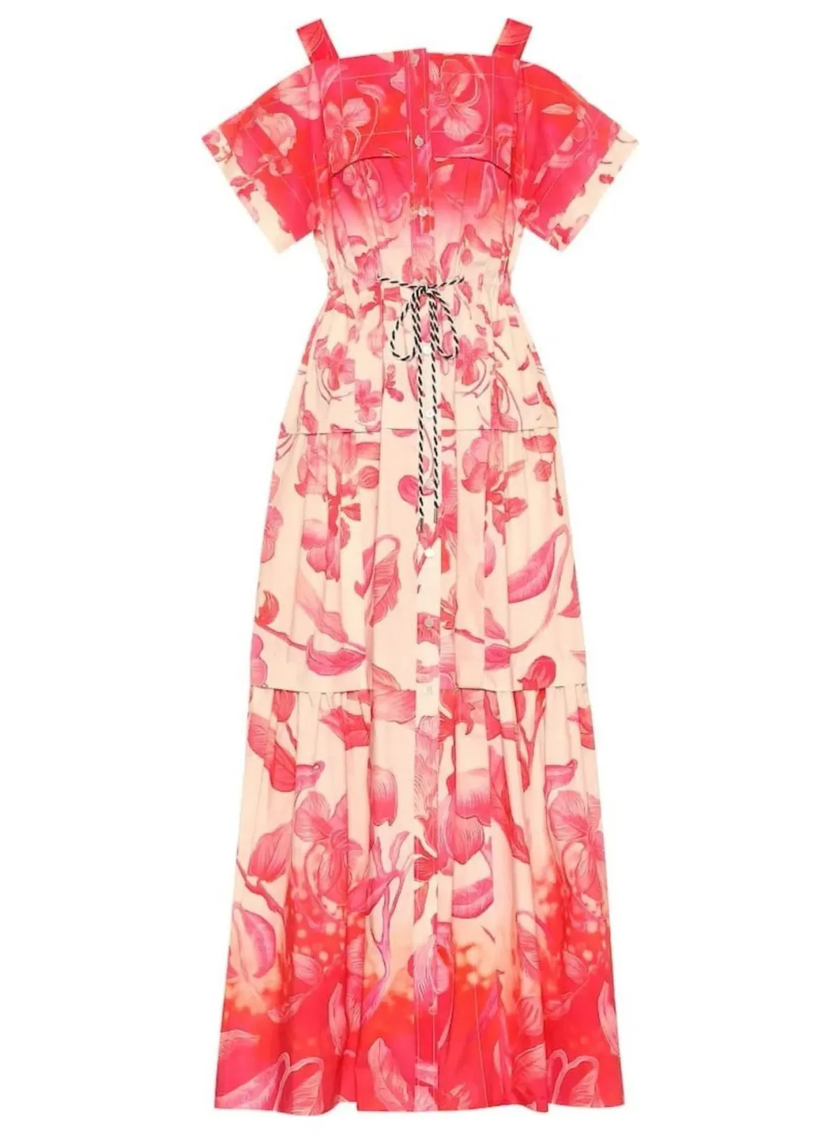 Peter Pilotto Long Drop Shoulder Tiered Skirt Degrade Print Cotton Dress Floral Size AU 12  for rent on The Volte - main image