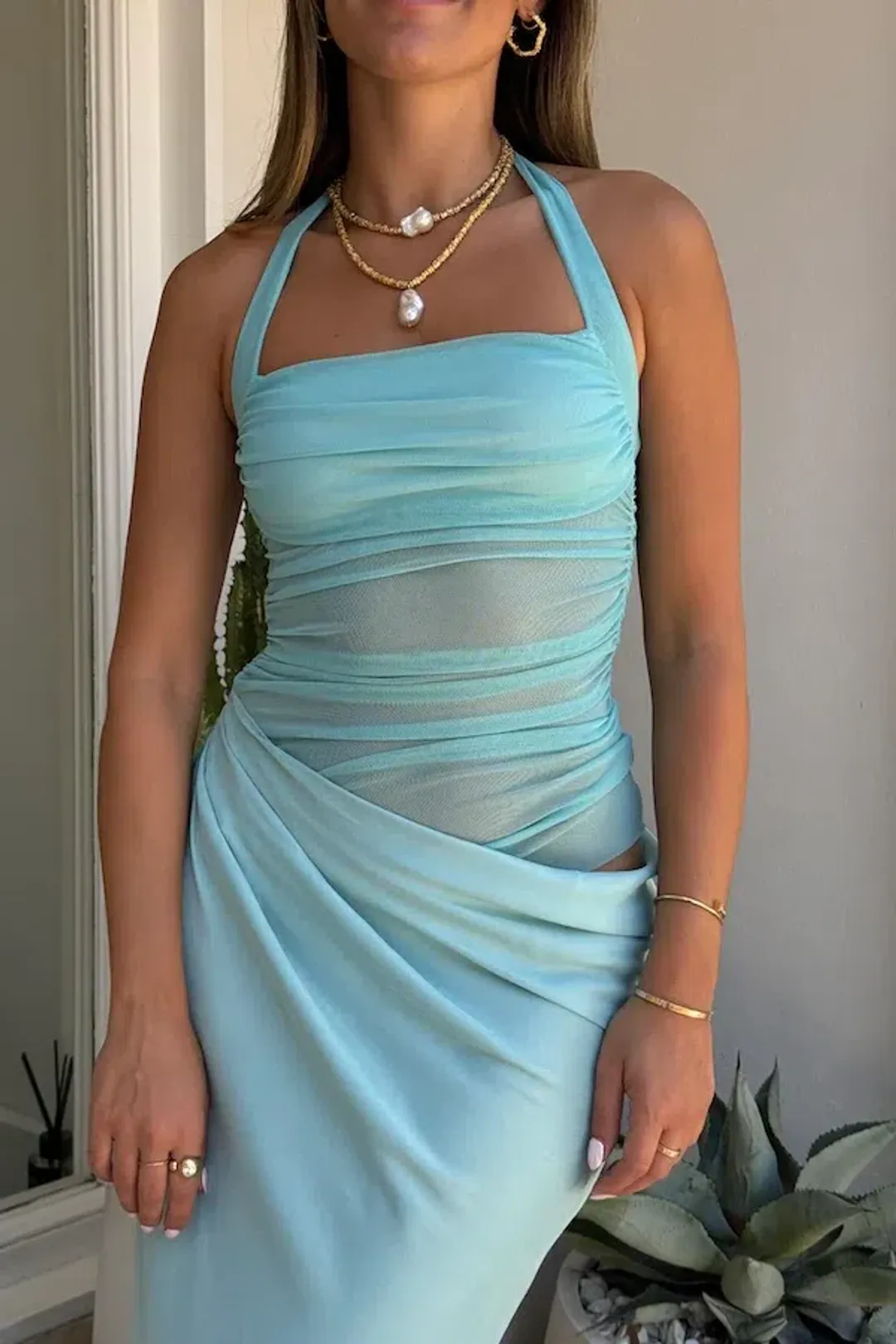 Benni Gina Halter Maxi Dress Aquamarine Size 8 for rent on The Volte - main image