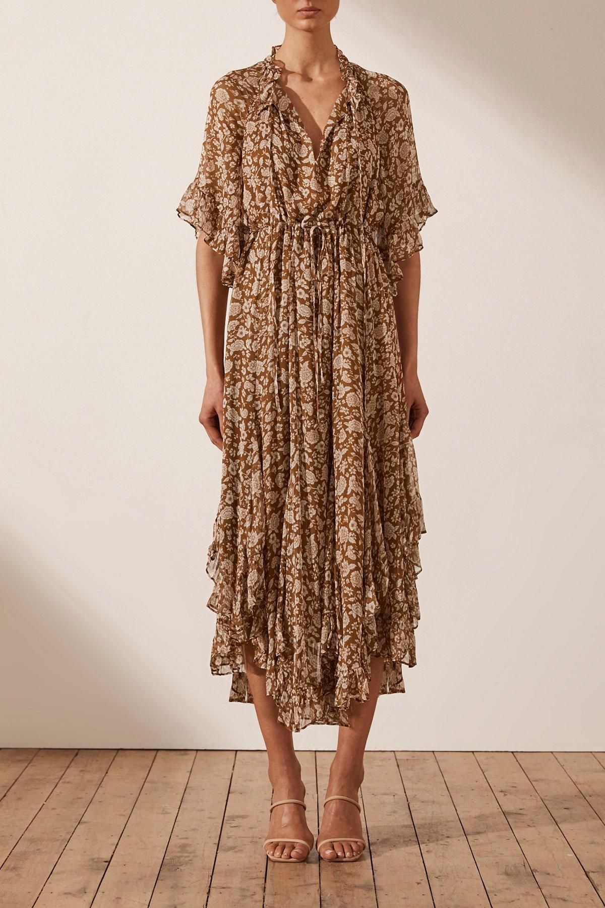 Shona Joy Odette Flutter Sleeve Godet Midi Dress Print Size 10 for rent on The Volte - main image