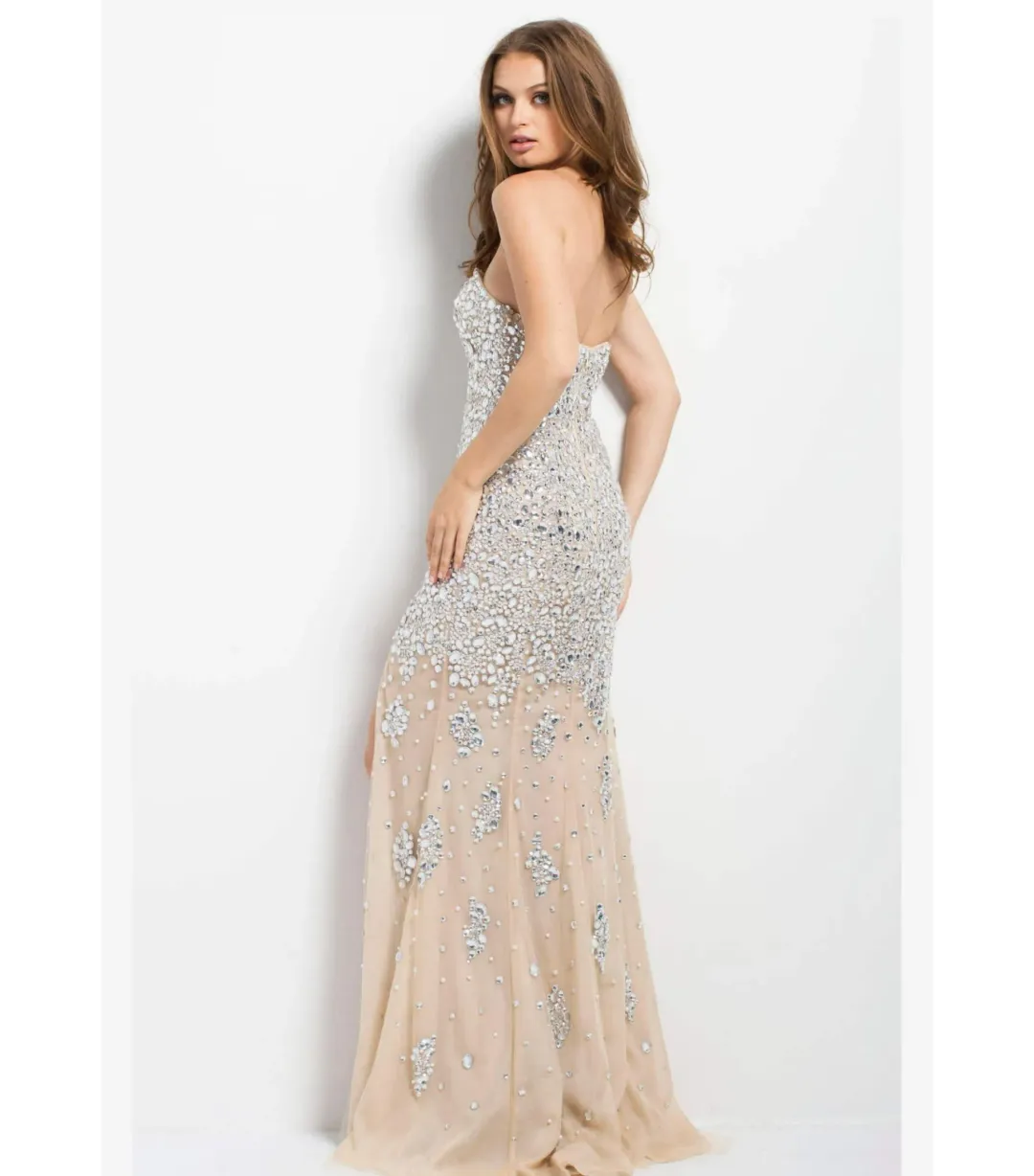 Jovani Strapless Crystal Gown Nude Beaded Size AU 6 for rent on The Volte - main image