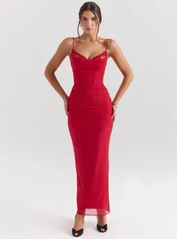 House of CB Nalini Mesh Corset Maxi Dress Holly Red Size S / AU 8 Regular cup for rent on The Volte - image 1