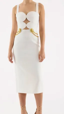 Rebecca Vallance Chelsea Gold Shell Detail Midi Dress White Size 6  for rent on The Volte - image 1