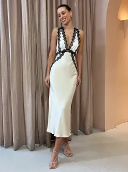 Shona Joy Camille Lace Cross Back Midi Dress in Cream/Black Size 10 for rent on The Volte - image 1
