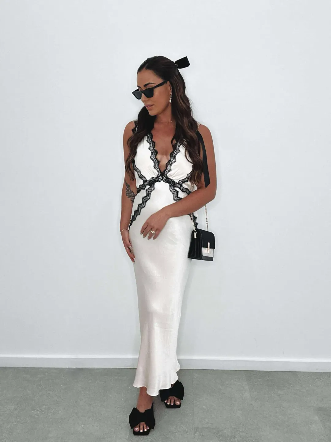 Shona Joy Camille Lace Cross Back Midi Dress in Cream/Black Size 10 for rent on The Volte - main image