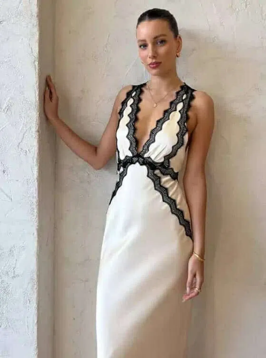 Shona Joy Camille Lace Cross Back Midi Dress in Cream/Black Size 10 for rent on The Volte - main image