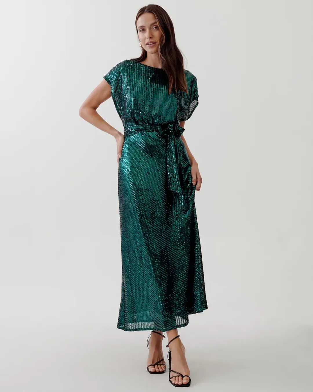 Tussah Selia Boat Neck Midi Dress Emerald Green Sequin Size 10 for rent on The Volte - main image