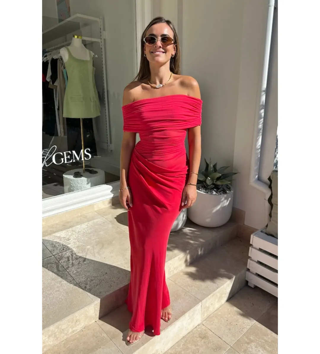 Benni Nico Off Shoulder Maxi Dress Watermelon Size 6 for rent on The Volte - main image