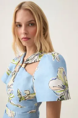 Aje Presence Twisted Mini Dress Blue Hibiscus Size 8 for rent on The Volte - image 7