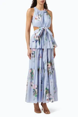 Zimmermann Everley Draped Bow Midi Dress Light Blue Watercolour Floral Size 0 / AU 8 for rent on The Volte - image 2